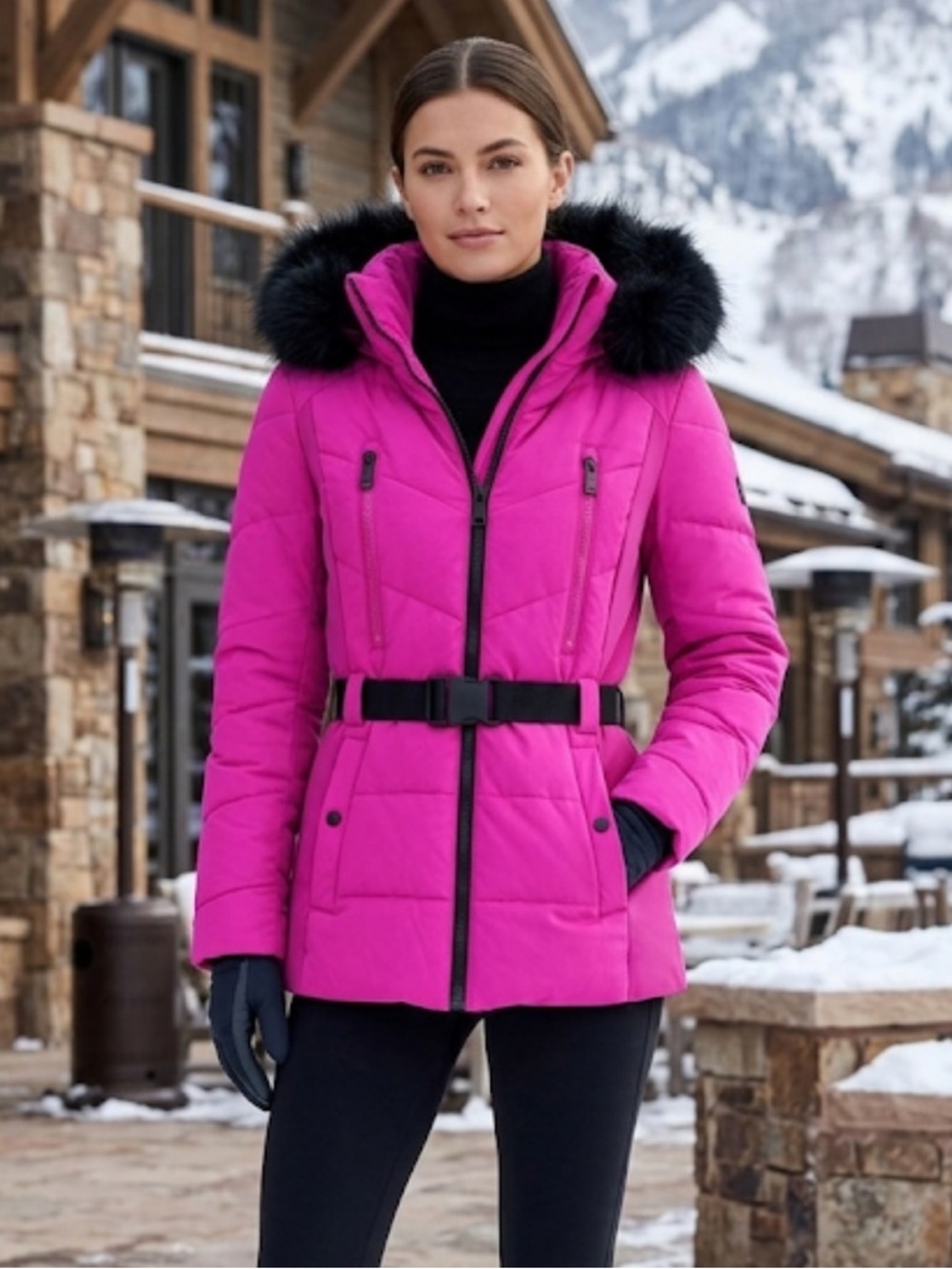 London Fog Bright Magenta Faux Fur Hooded Puffer Jacket